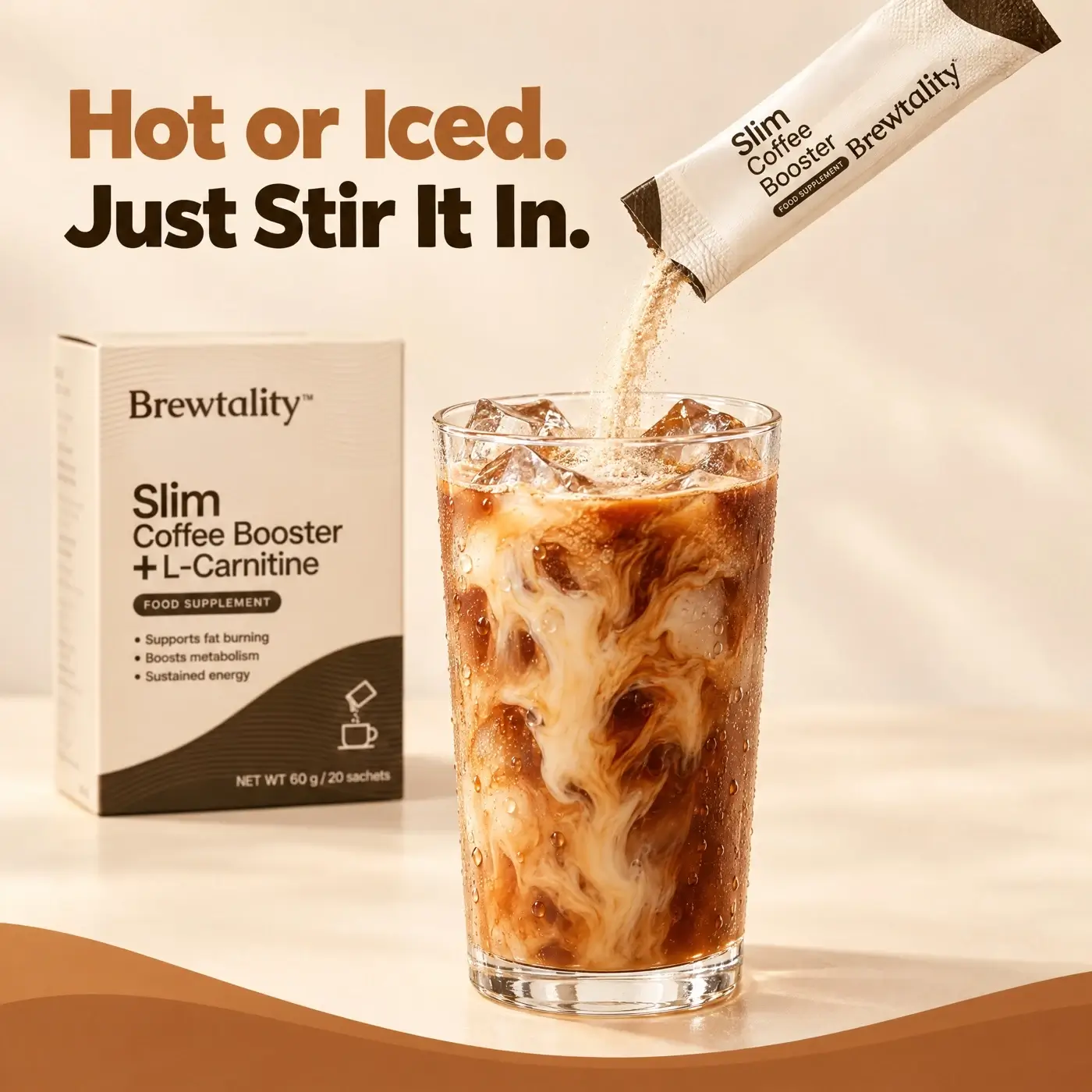 Brewtality Slim Coffee Booster poured into iced coffee