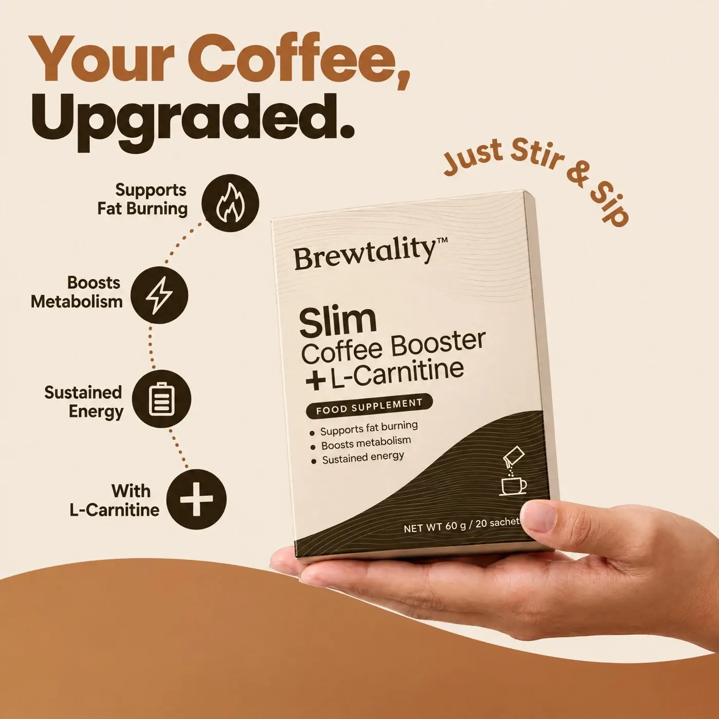 Your Coffee, Upgraded. — box held in hand with key benefits