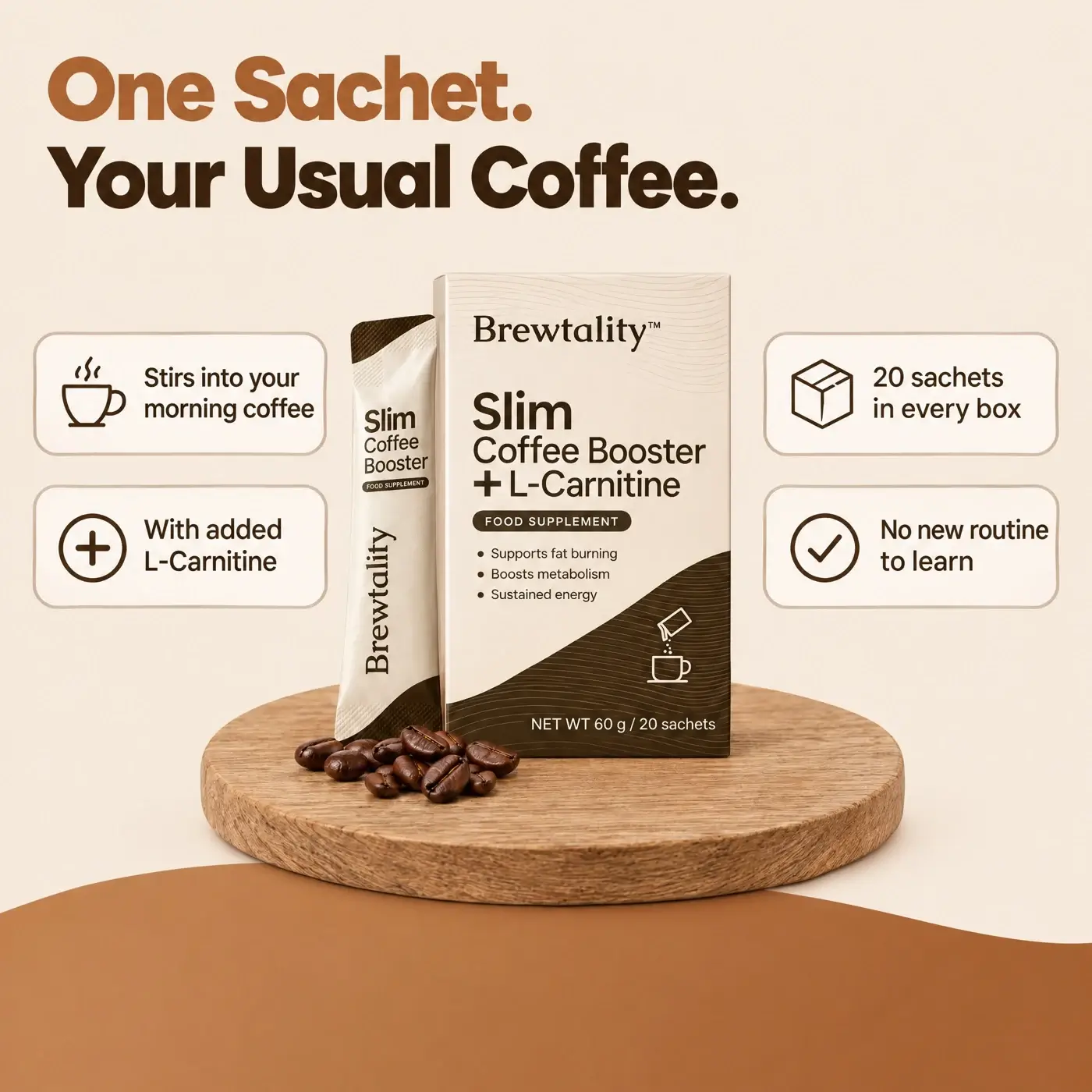 One Sachet. Your Usual Coffee. — box and sachet on a wooden board